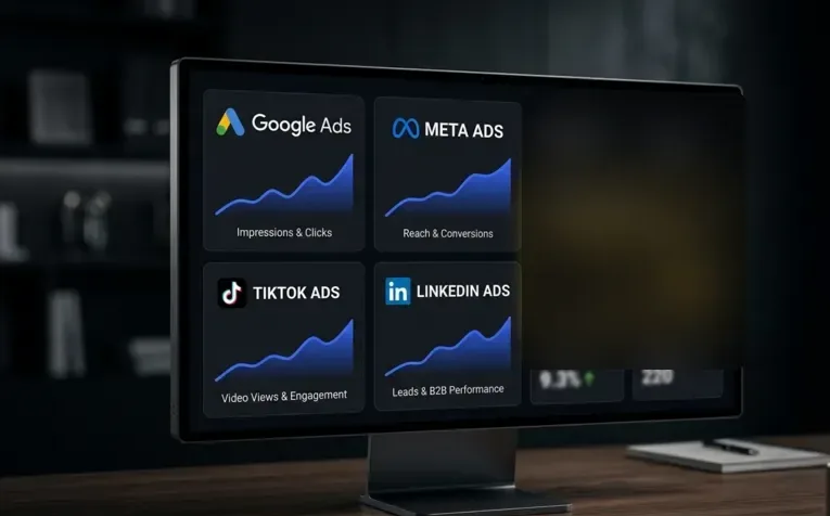 Écran de suivi de campagnes Google Ads, Meta, TikTok et LinkedIn