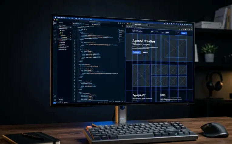 Écran de développement web dans un bureau sombre