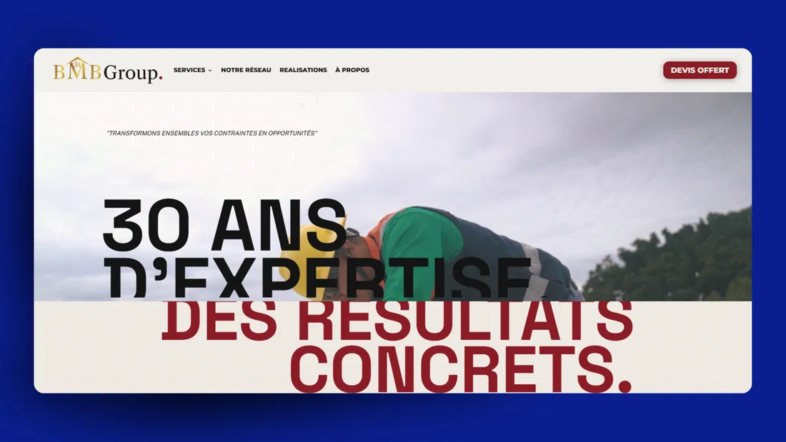 Page d'accueil de bmbgroup38.fr, un ouvrier casqué sur un chantier et le bouton Devis offert