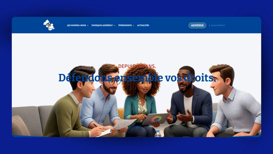 Page d'accueil de metallurgie38-cfecgc.fr, le titre « Défendons ensemble vos droits » au-dessus d'une illustration de salariés en réunion
