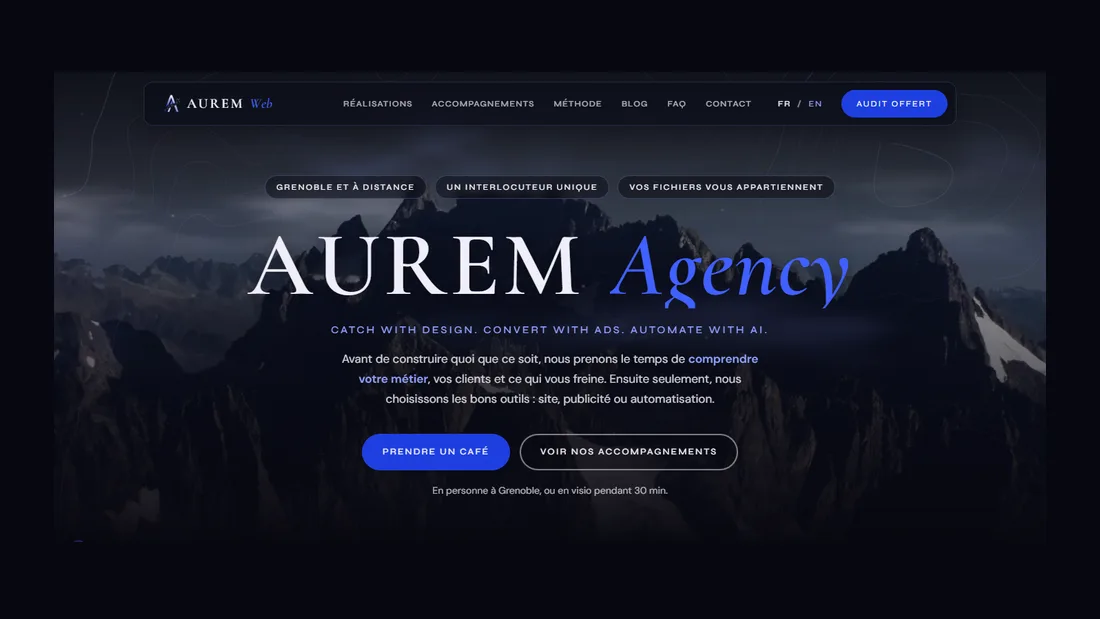 Page d'accueil d'aurem-agency.fr : le titre Aurem Agency sur la Meije